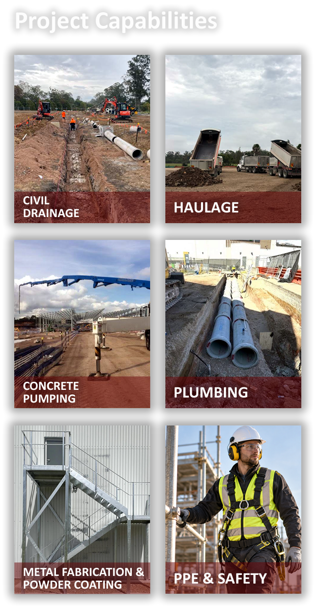 Nexus Supply Group project capabilities including civil drainage, haulage, concrete pumping, plumbing, non-residential buildings and PPE safety